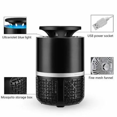 Lampa za komarce, princip rada. UV svetlo privlaci, ventilator usisava insekte, USB napajanje.