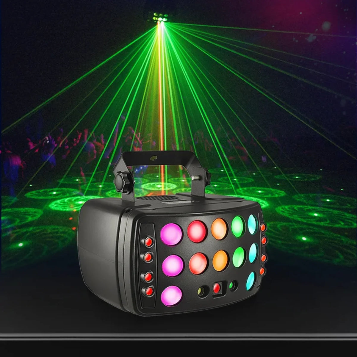 Laserska disko lampa u radu sa zelenim laserskim snopovima