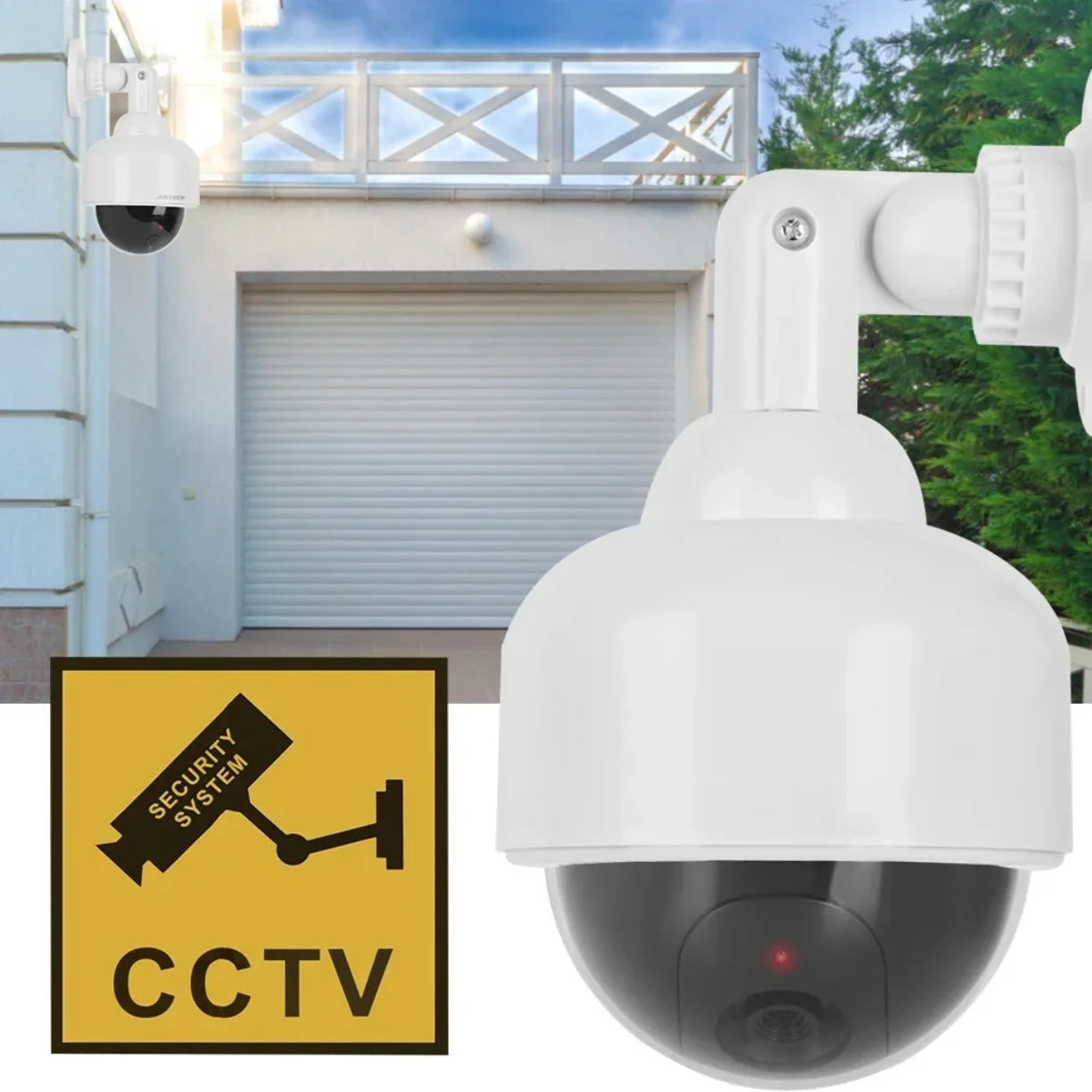 Lazna spoljasnja dome nadzorna kamera iznad garaznih vrata sa CCTV tablom