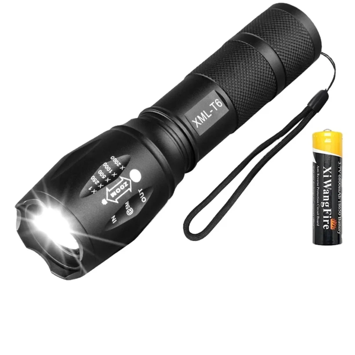 Crna LED baterijska lampa sa zumom T6 i baterijom
