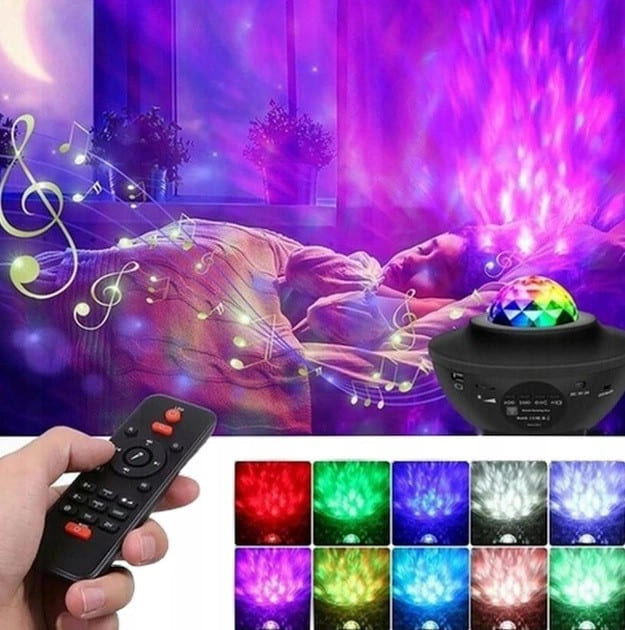 led galaxy lampa projektor u spavacoj sobi