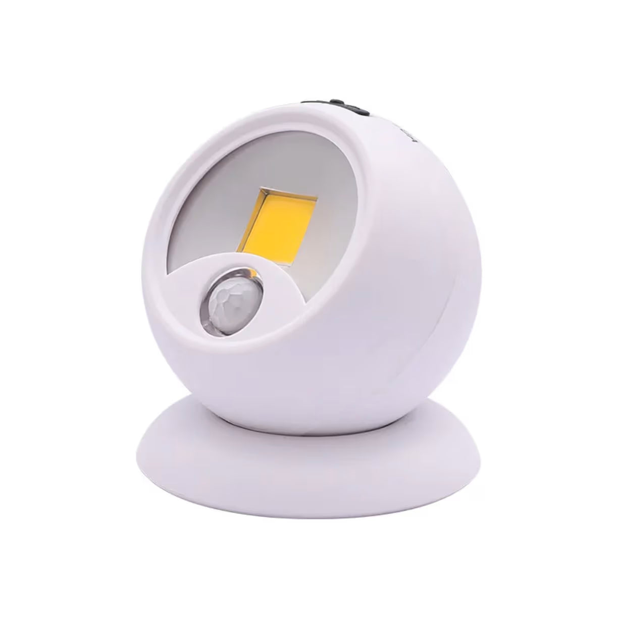 Okrugla bela LED lampa sa vidljivim zutim svetlosnim panelom i okruglim senzorom na magnetnom postolju