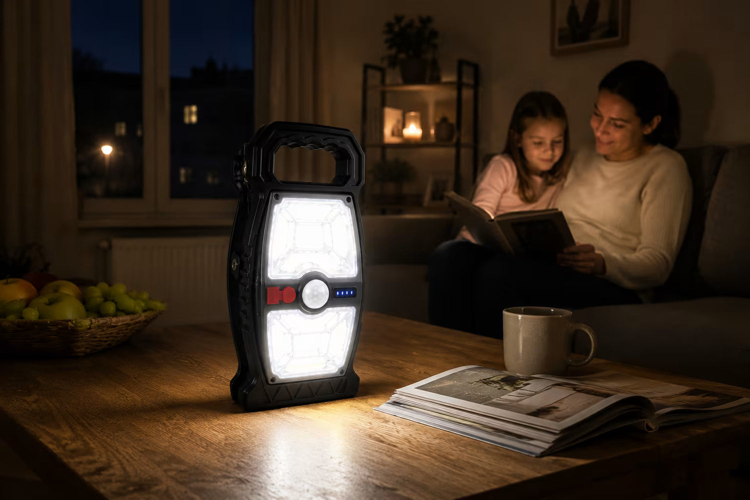 LED lampa sa COB osvetljenjem osvetljava dnevnu sobu tokom nestanka struje dok porodica cita i boravi u prijatnoj atmosferi.
