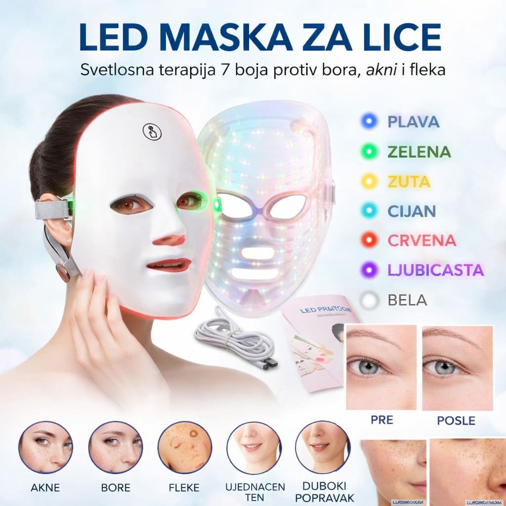 led maska za lice sa svetlosnom terapijom 7 boja za negu i regeneraciju koze
