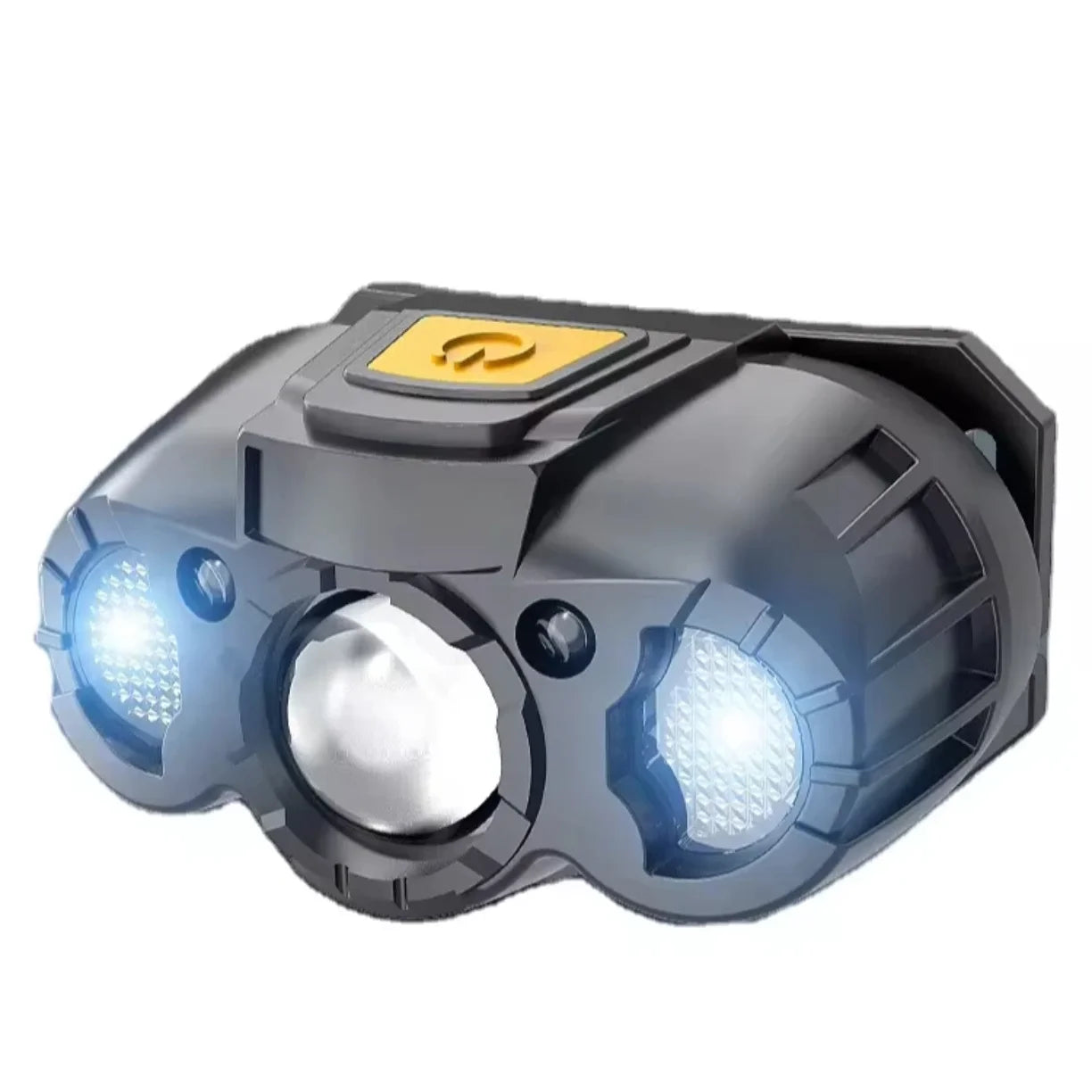 prednji pogled na led naglavnu lampu sa ukljucenim svetlom
