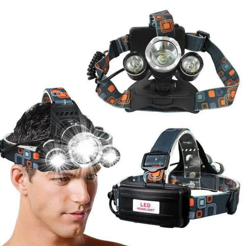 Kolaž sa tri prikaza LED naglavne lampe sa tri sijalice. Gornja desna slika prikazuje lampu sa crnim kućištem i narandžasto-sivim dezenom na trakama za glavu.