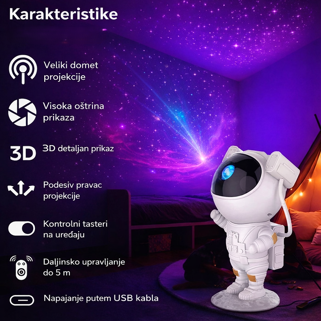 led projektor astronaut zvezdano nebo sa podesivim pravcem projekcije usb napajanjem i kontrolom preko tastera