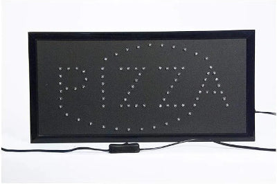 Iskljucena LED reklama sa natpisom "PIZZA". Prikazuje raspored dioda i kabl sa prekidacem. Pogodna za picerije.