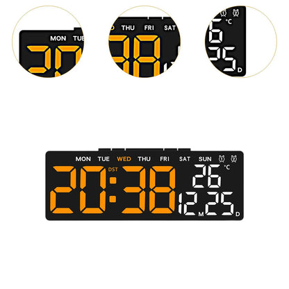 Detalj LED digitalnog sata sa velikim brojevima i prikazom temperature