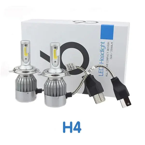 LED sijalice H4 za farove automobila u pakovanju. Detaljan prikaz seta, idealan za zamenu starih sijalica i bolju vidljivost.