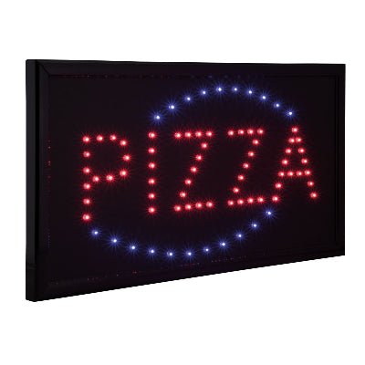 Uocljiva LED svetleca reklama za piceriju sa natpisom "PIZZA" u crvenoj boji i plavim krugom, idealna za privlacenje musterija.