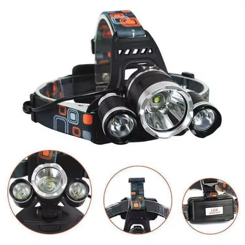 Prikaz SmartWorld LED T6 Cree naglavne lampe sa tri sijalice. Glavna slika prikazuje lampu sa crnim kućištem i narandžasto-sivim dezenom na elastičnim trakama za glavu.