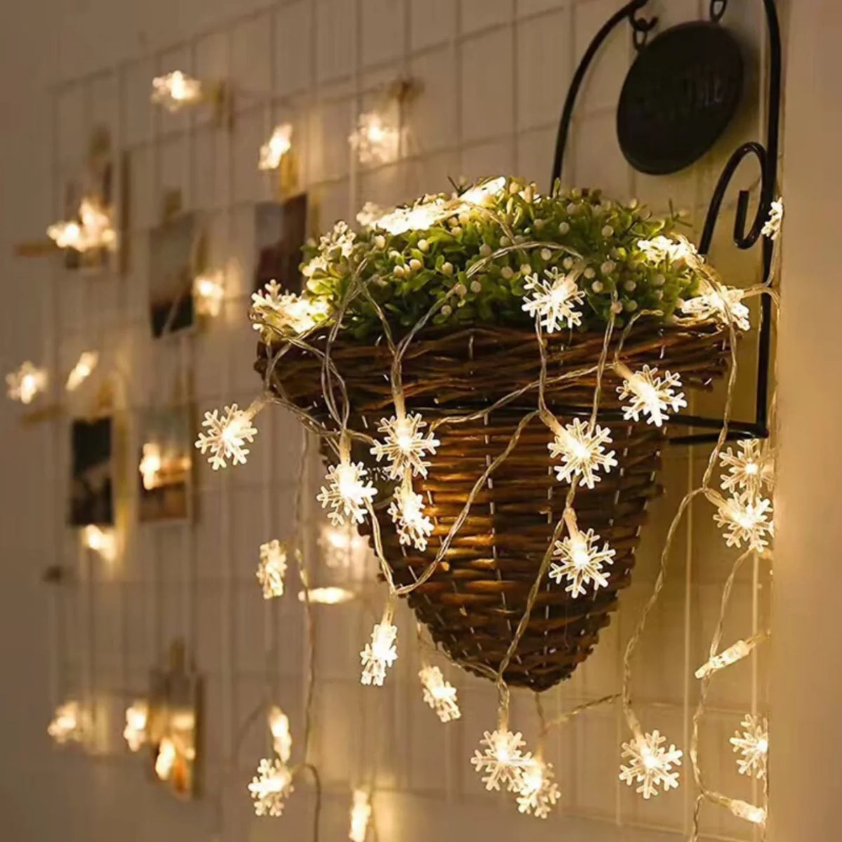 LED zavesa sa pahuljicama iznad visece saksije na zidu