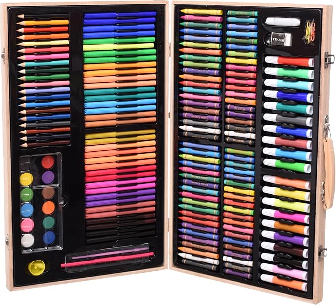 Likovni set za crtanje 180 delova u otvorenom drvenom koferu