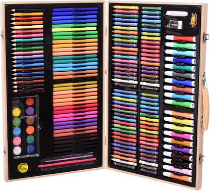 Likovni set za crtanje 180 delova u otvorenom drvenom koferu