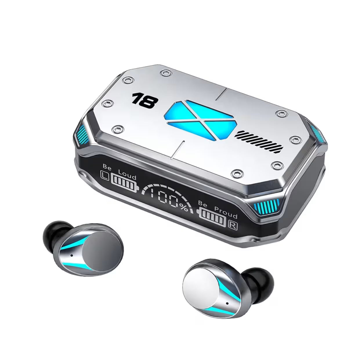 Prikaz M41 bezicnih bluetooth slusalica pored futrole za punjenje sa digitalnim ekranom