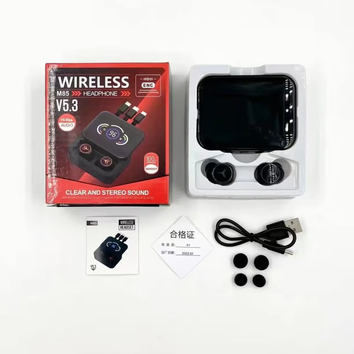 Kompletan set M85 bežičnih slušalica sa rezervnim gumicama i USB kablom