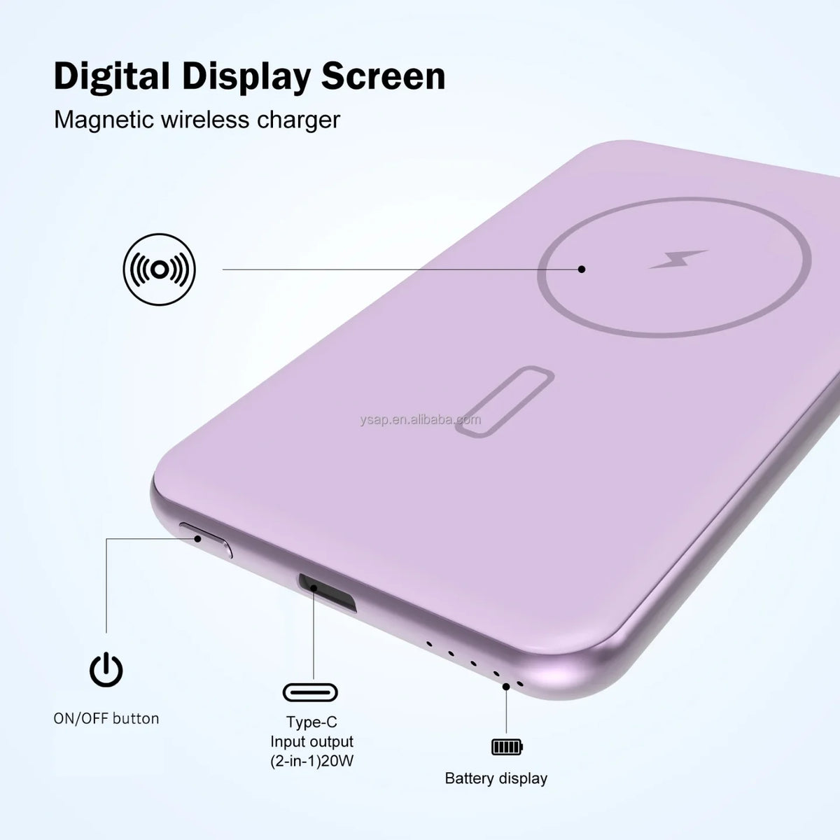 Detaljan prikaz magnetne baterije sa usb c portom i indikatorom napunjenosti