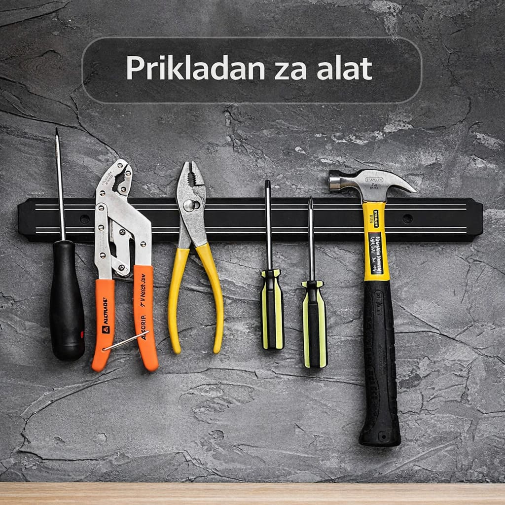 magnetni zidni drzac za alat sa srafcigerima klestima i cekicem