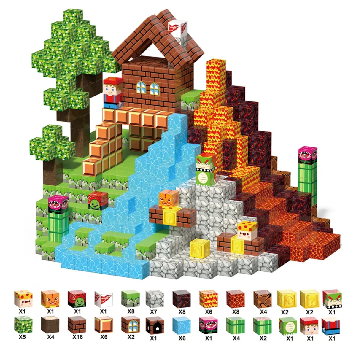 Magnetni konstruktor kocke pixel stil sa scenom vodopada i vulkana