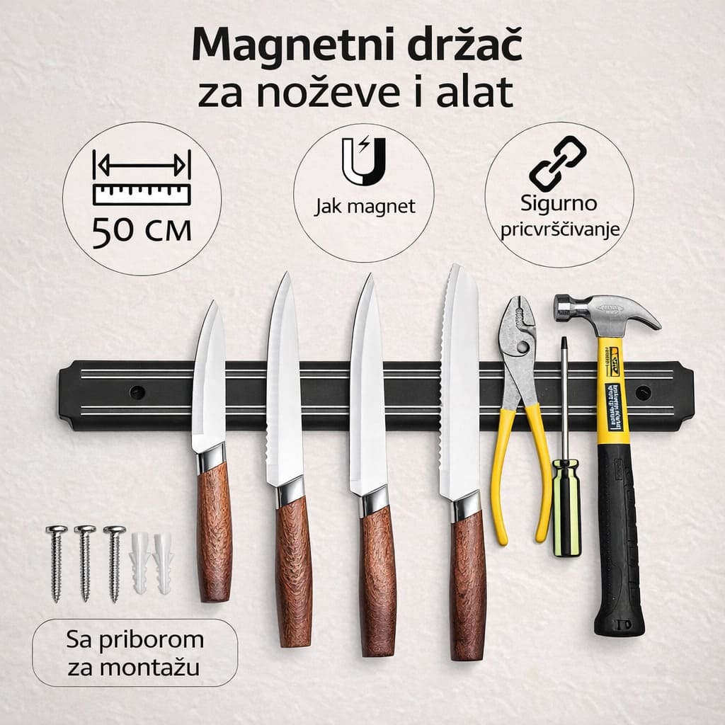magnetni zidni držač za noževe i alat dužine 50 cm sa jakim magnetom i priborom za montažu