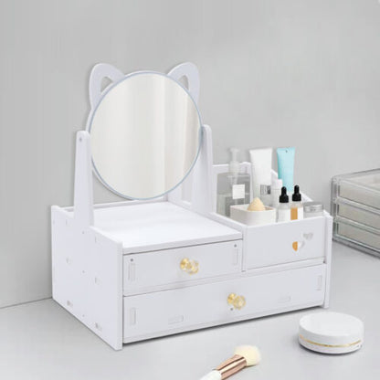Mali beli kozmeticki organajzer sa ogledalom i fiokama, za sminku, praktican, za sto, devojacka soba, uredjenje kozmetike.