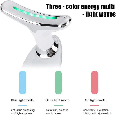 Uredjaj za masazu lica sa detaljnim objasnjenjem modova: plavi za akne, zeleni za smirenje i crveni za ubrzavanje cirkulacije.