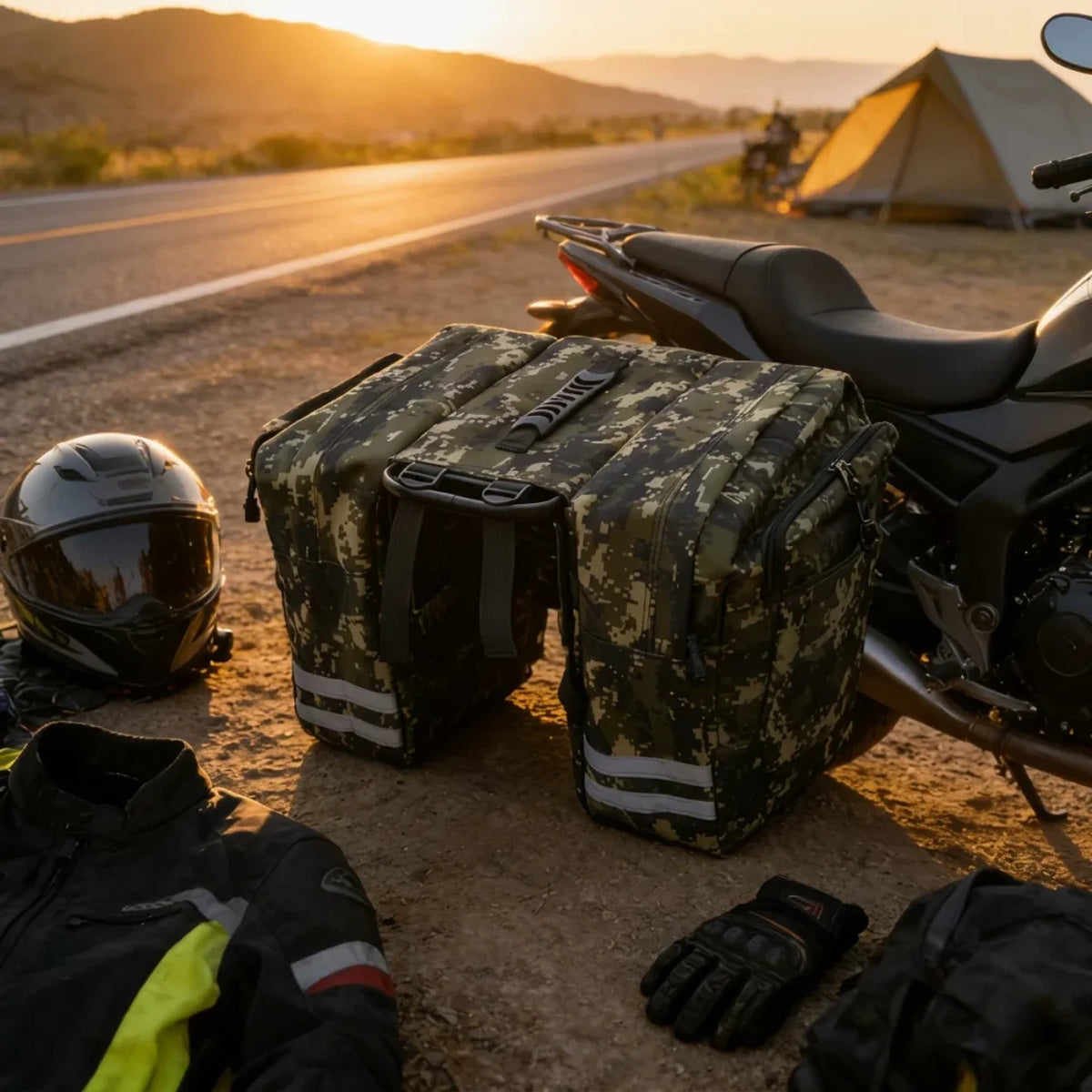 Maskirna dupla torba za motor i kampovanje pored satora