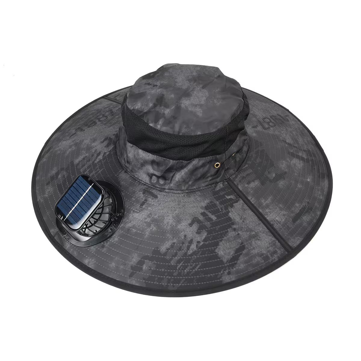 Maskirni sivi sesir sa zastitnom mrezicom i jednim montiranim ventilatorom na levoj strani