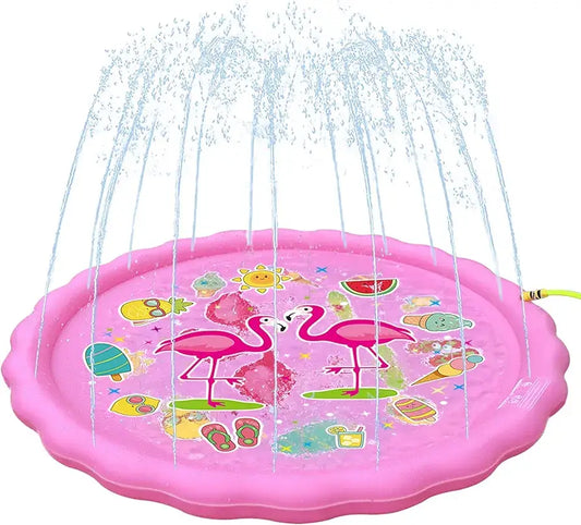 Vodena podloga za prskanje sa flamingosima. Deciji bazen sa vodenim mlaznicama, idealan za letnju zabavu i rashladjivanje u dvoristu.