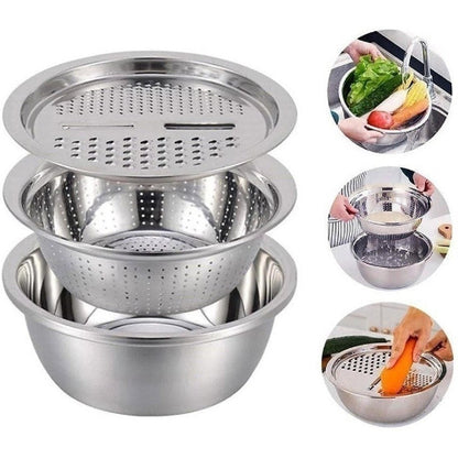 Metalni set za kuhinju: pranje, cedjenje, rendanje povrca. Cinija i rende u upotrebi.