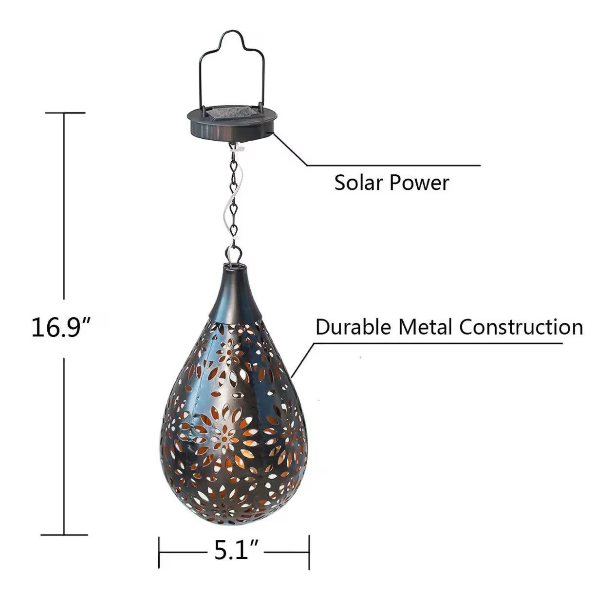 Prikaz dimenzija visine i sirine metalne lampe na beloj pozadini sa oznacenim solarnim panelom na vrhu