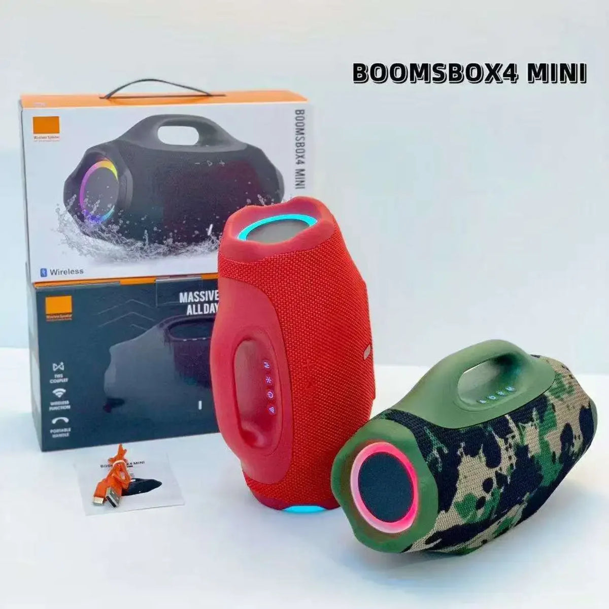 Crveni i maskirni mini bluetooth zvucnik sa RGB svetlom i priborom