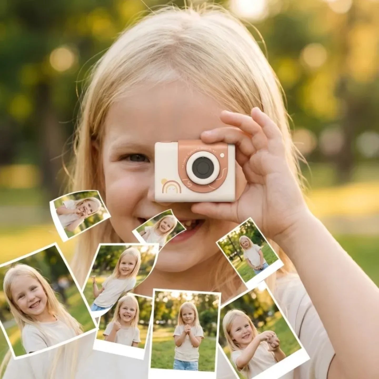 Malo dete koristi mini deciju kameru za portret fotografije