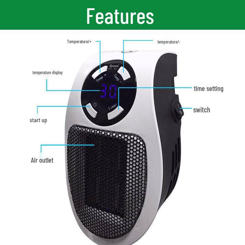 mini grejalica za uticnicu sa oznacenim funkcijama i kontrolama