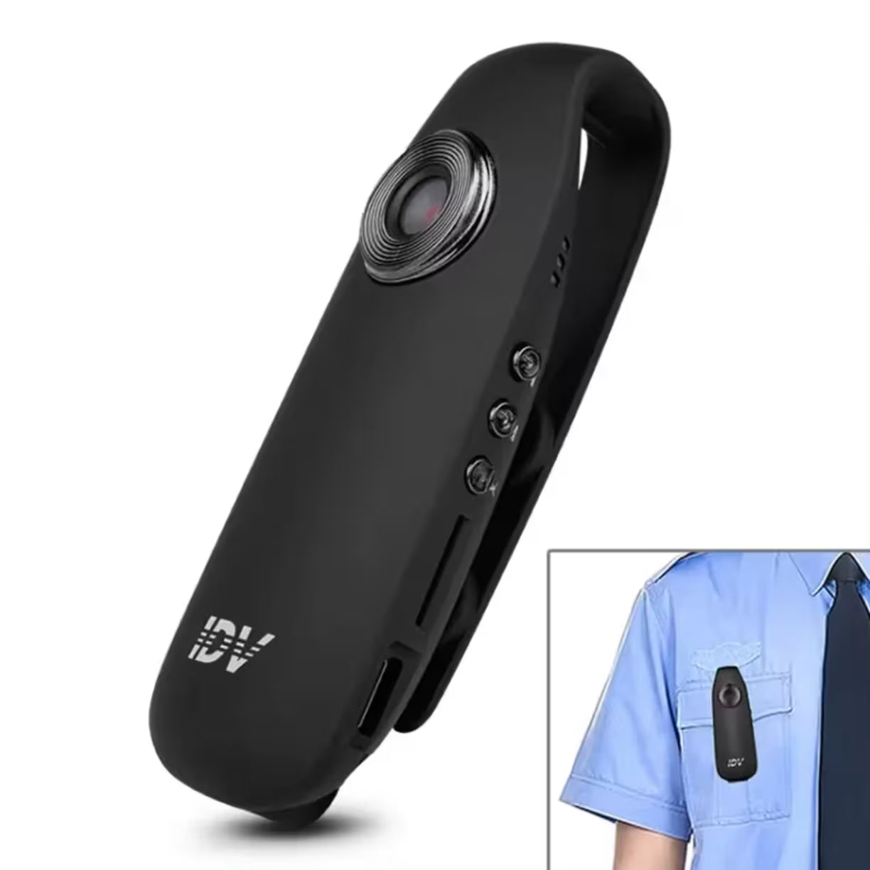 Prikaz mini kamere zakačene na džep uniforme pomoću štipaljke