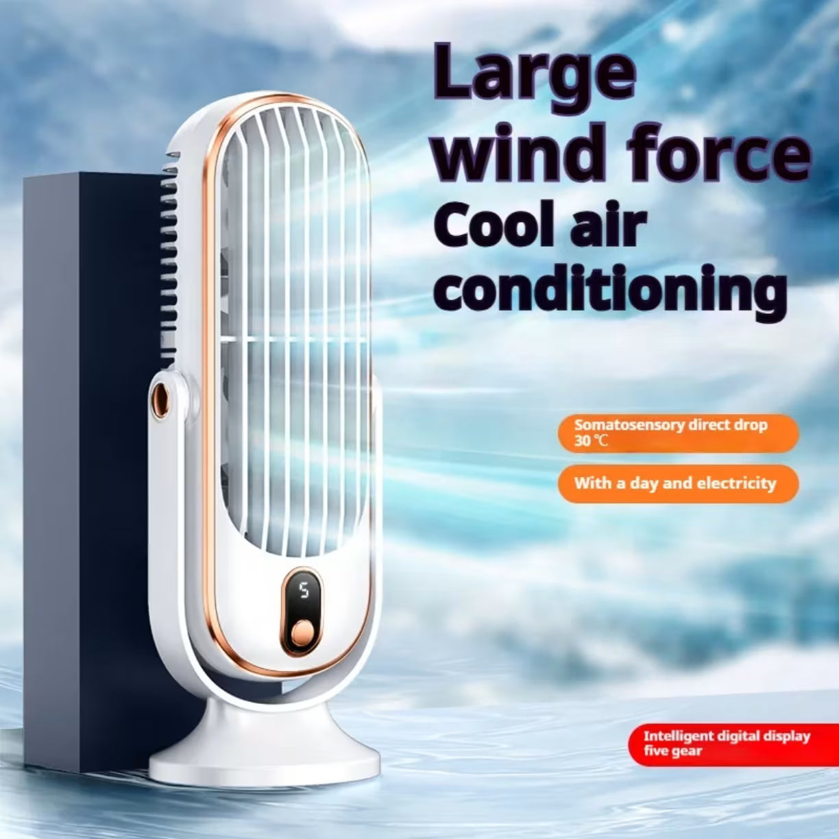 Elegantni beli stoni ventilator sa digitalnim prikazom brzine koji izbacuje snazan hladan vazduh