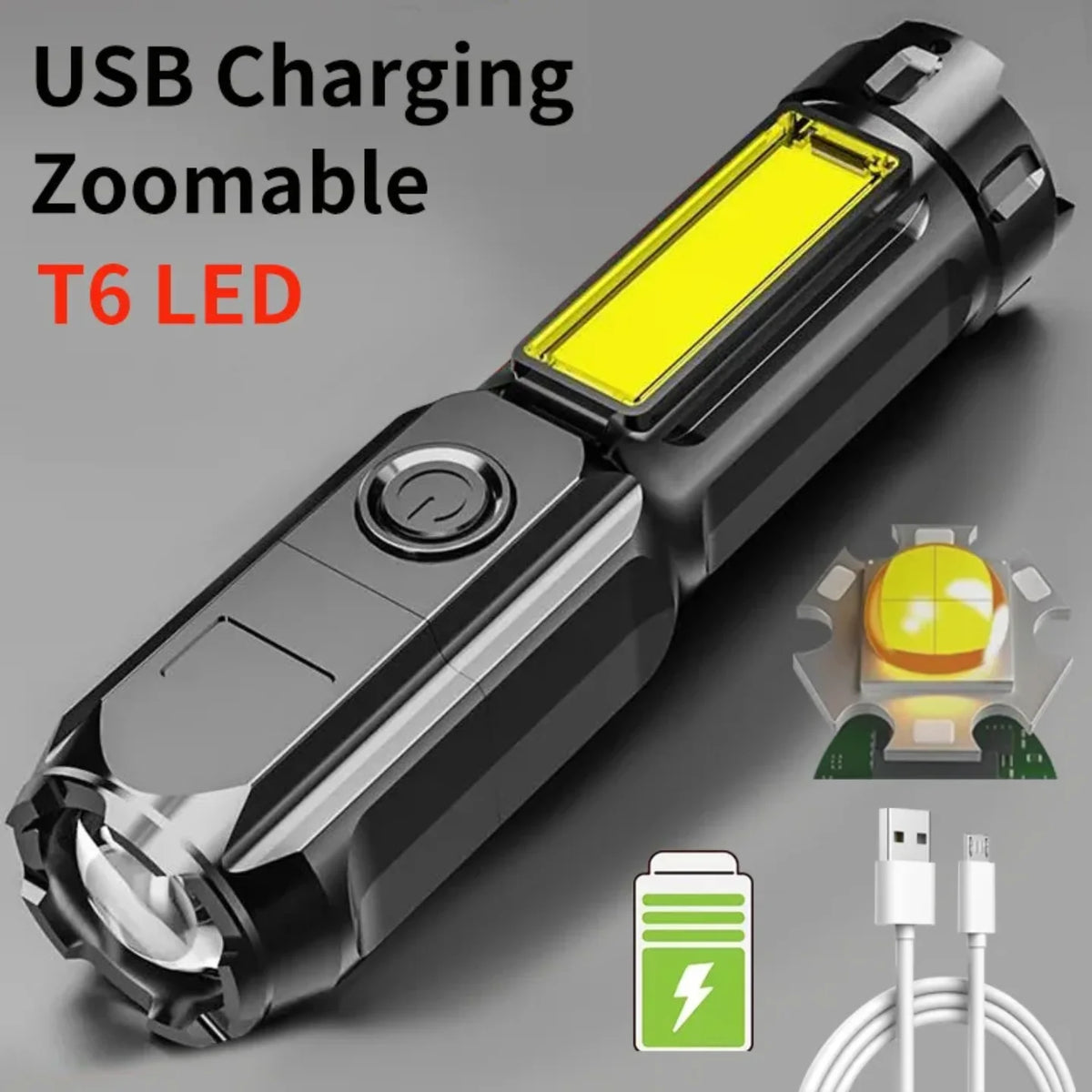 Mini rucna LED lampa sa COB panelom i USB punjenjem, T6 LED cip