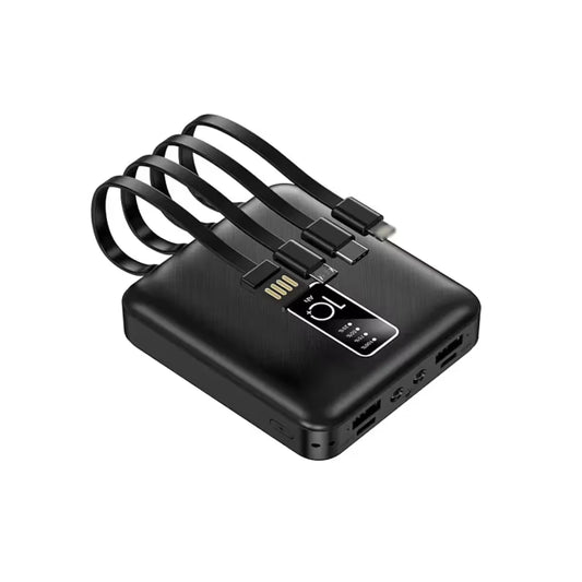 Crni kompaktni power bank sa ugrađenim USB, Type-C, Micro-USB i Lightning kablovima