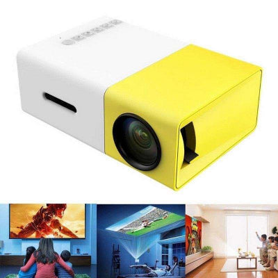 Mini projektor u belo-zutoj boji, idealan za kucni bioskop ili prezentacije. Prikazuje razlicite primene.