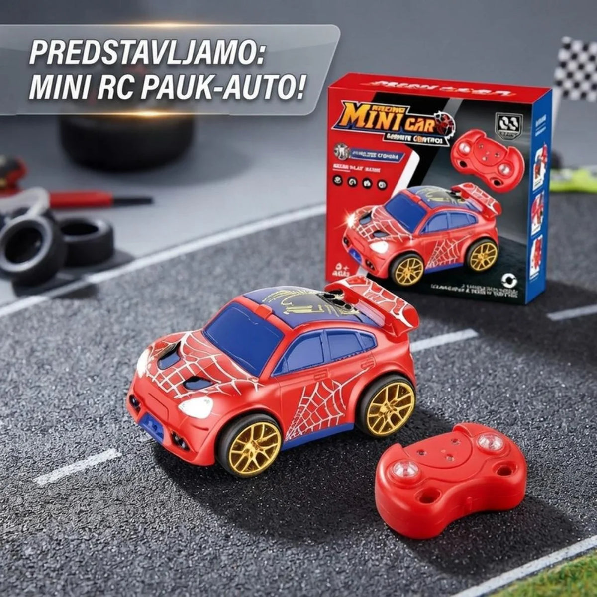 Mini RC auto spajder sa daljinskim upravljacem i kutijom na stazi