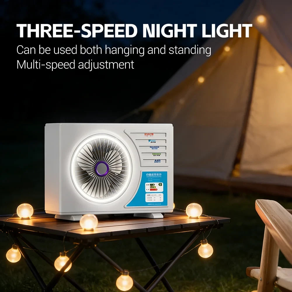 Mini stoni ventilator sa nocnim svetlom na kamp stolu