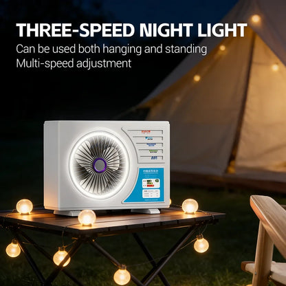 Mini stoni ventilator sa nocnim svetlom na kamp stolu