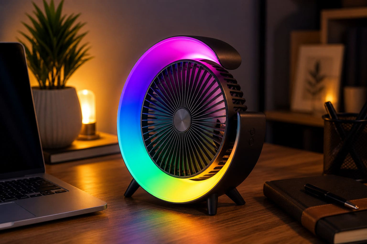 mini ventilator sa led ambijentalnim svetlom na radnom stolu