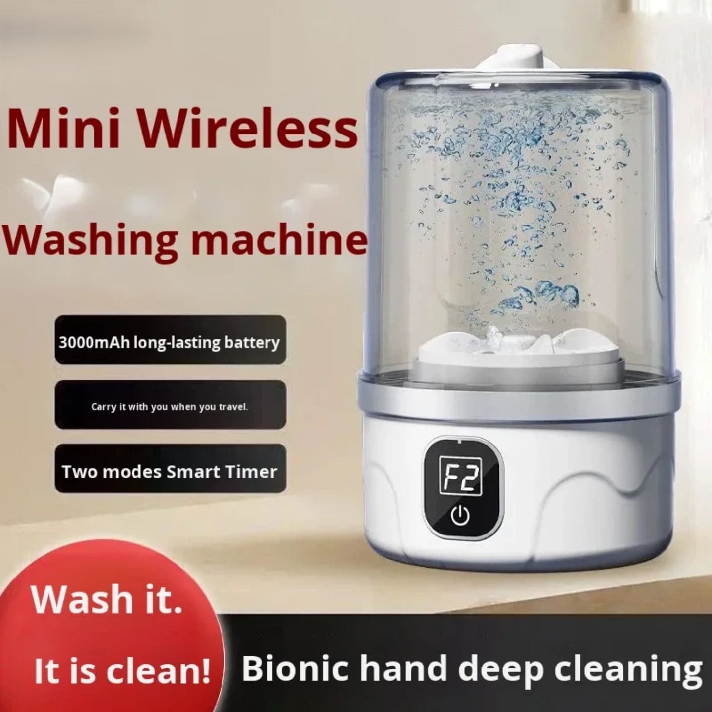 prenosiva masina za ves sa prikazom bionickog rucnog pranja i snaznom baterijom.