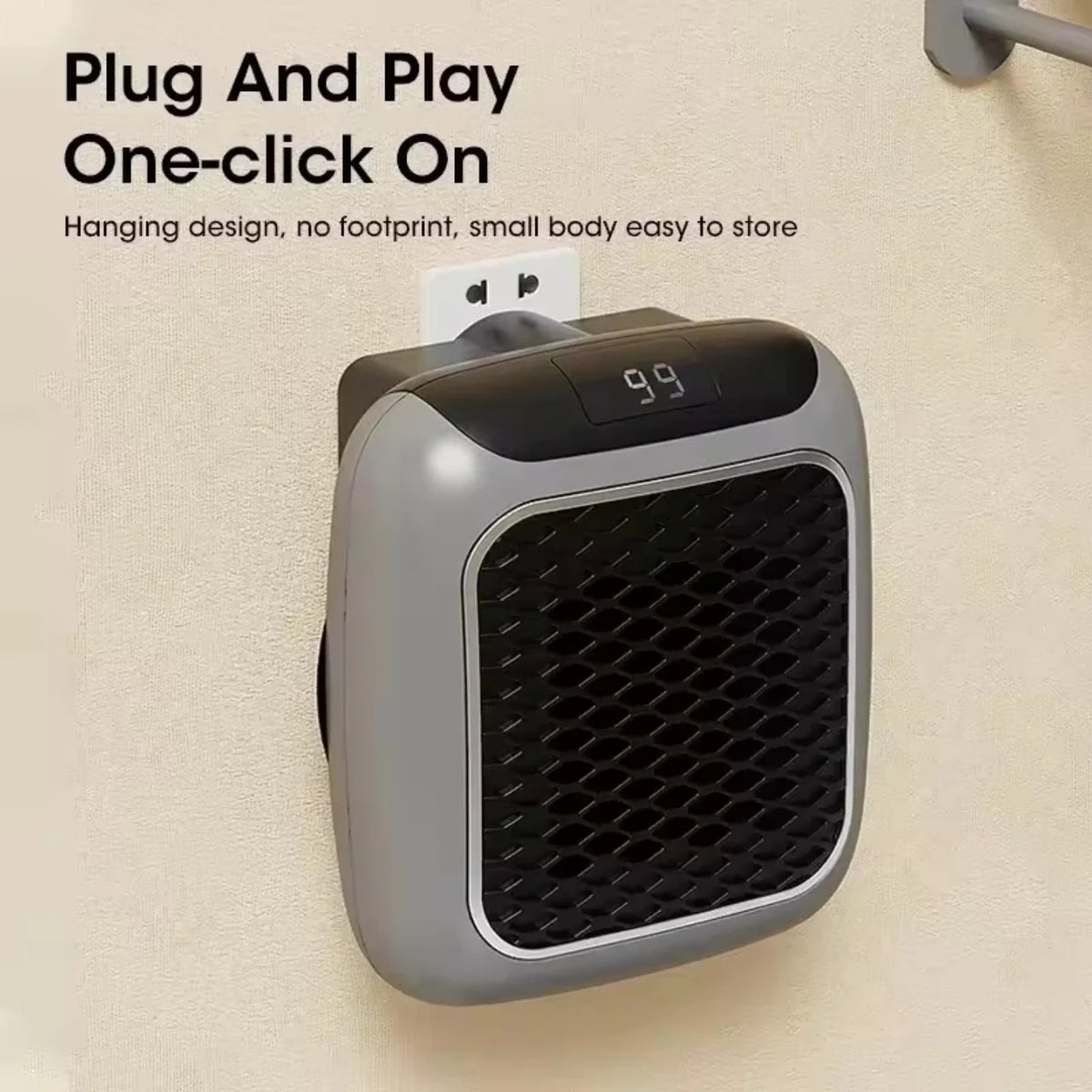 Mini zidna grejalica sa lcd displejem prikljucena u uticnicu