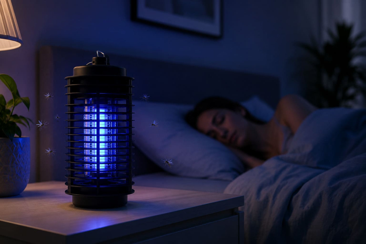 Elektricna UV lampa protiv komaraca na nocnom stocicu u spavacoj sobi tokom noci za miran san bez letecih insekata.