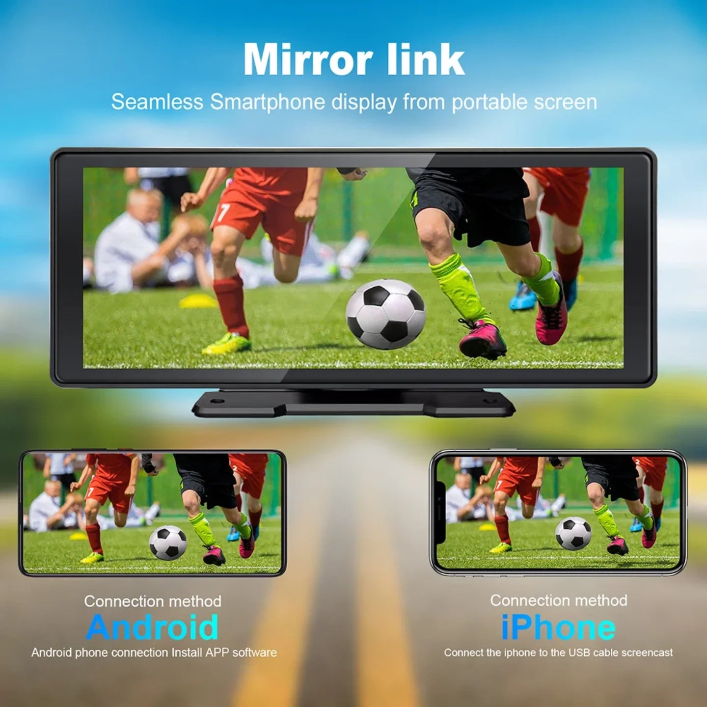 Prikaz mirror link funkcije izmedju prenosnog auto ekrana i Android i iPhone telefona
