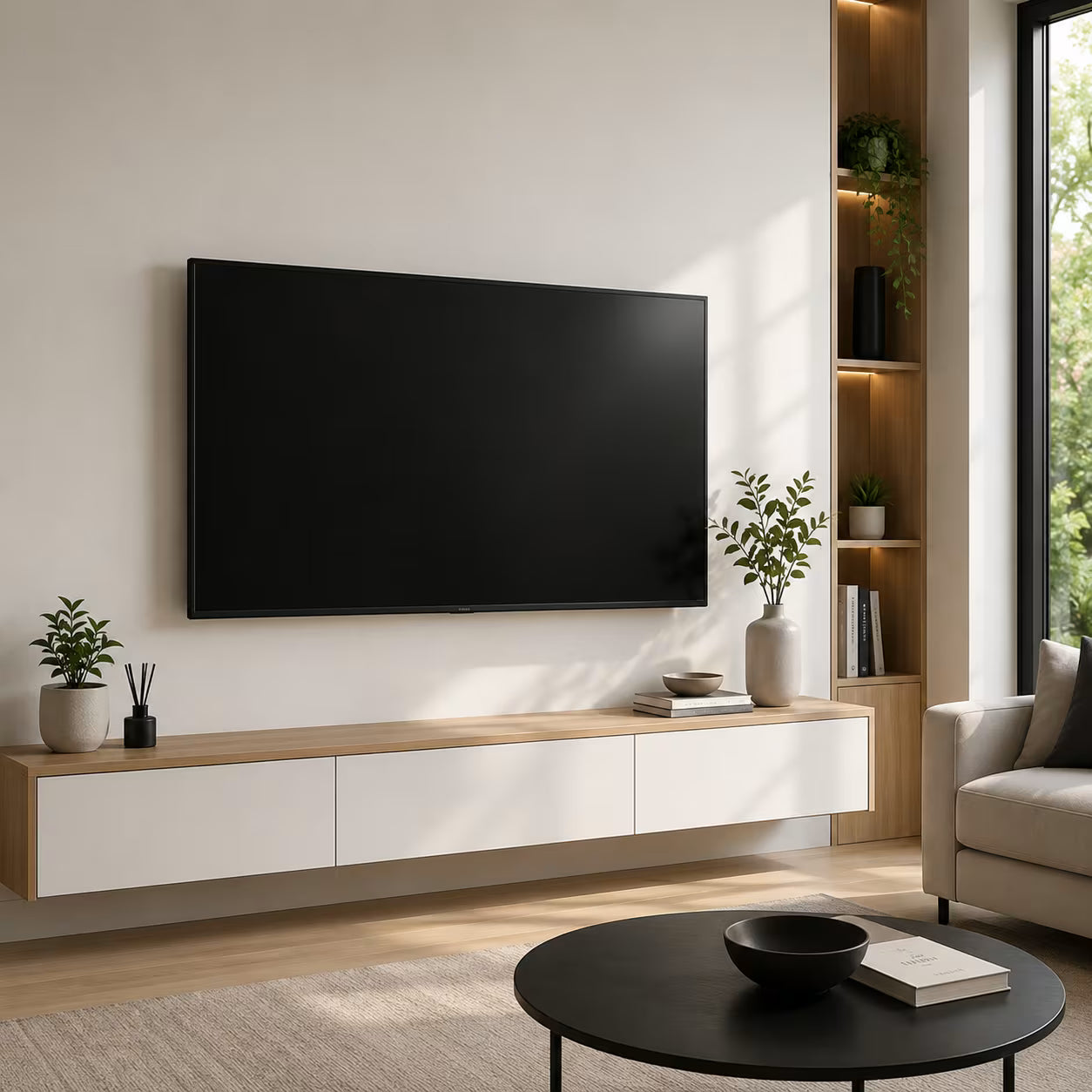 Moderan dnevni boravak sa televizorom montiranim na zid uz pomoc univerzalnog zidnog nosaca za TV.