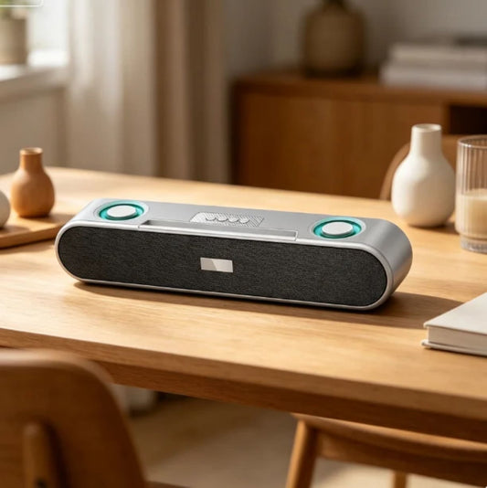 Moderan wireless speaker za muziku i računar na drvenom stolu